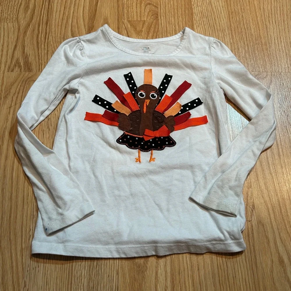 Kids Girls Long Sleeve Turkey‎ Applique Shirt Size S 4/5 Thanksgiving Holiday